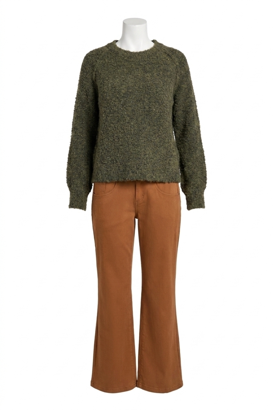 NEW TRIBAL boucle long sleeve crew sweater in ivy